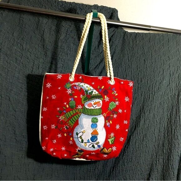 VTG Red Christmas Snowman Tote Bag - Picture 1 of 7